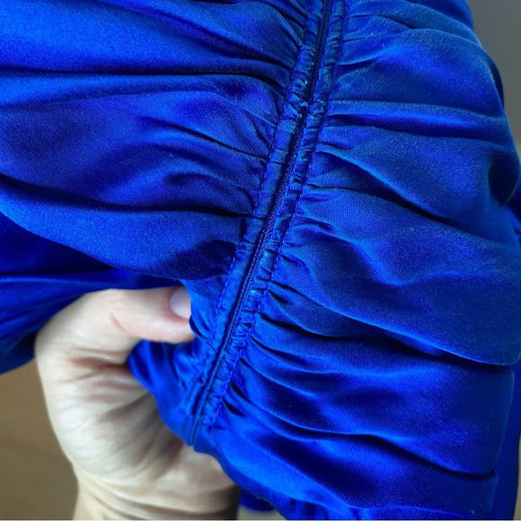 Vintage Cache Silk Dress Halter Scarf Hem Y2K Fairy Retro Ruched Prom Cerulean - Picture 8 of 13